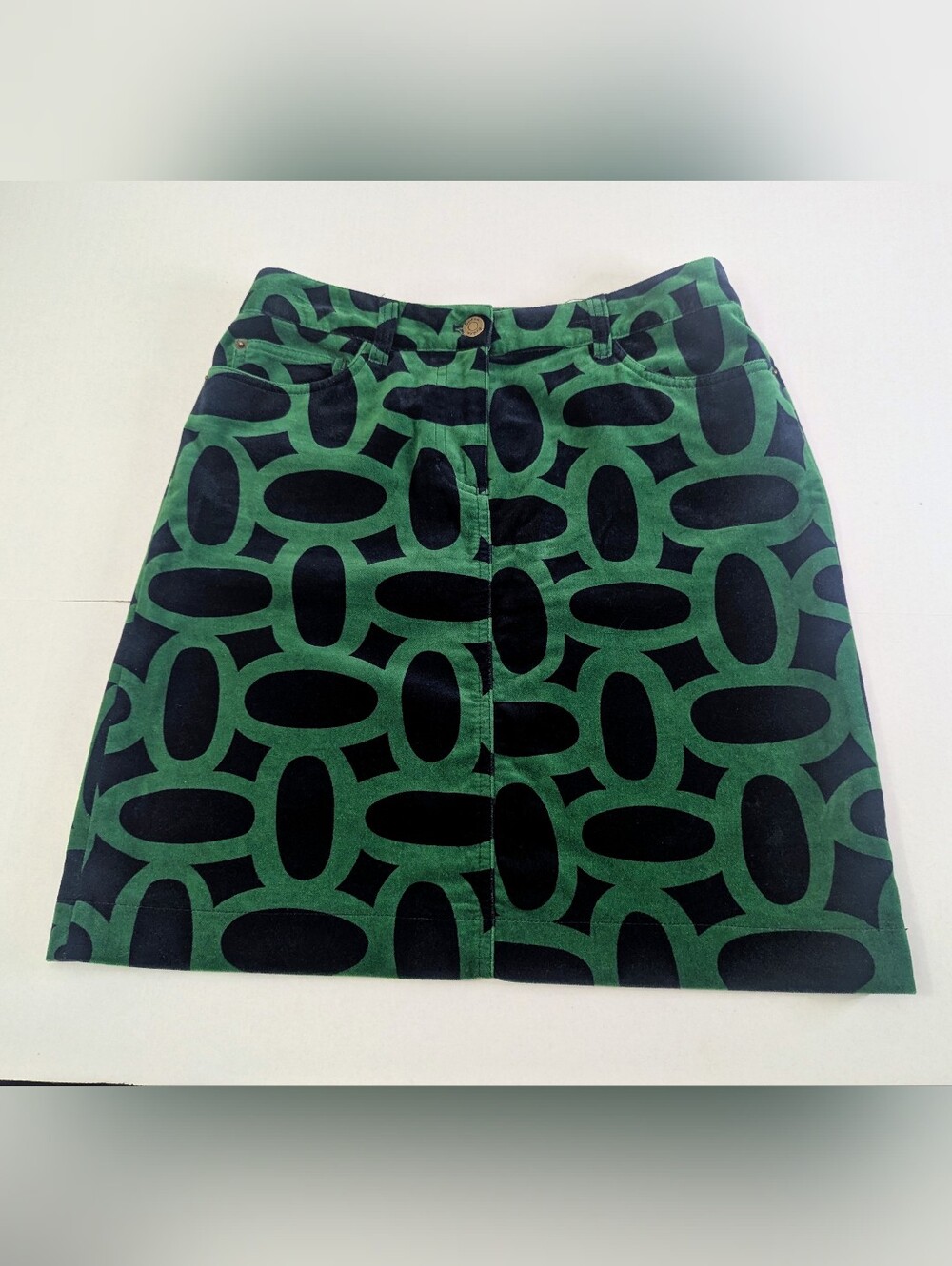 Boden Women's Velvet Midi Skirt Green Blue Geometric Pattern Size 6R NWOT